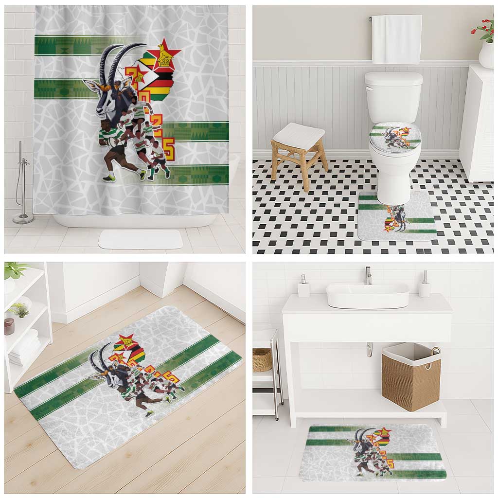 Bathroom set with shower curtain and matching rugs with green stripe graphics