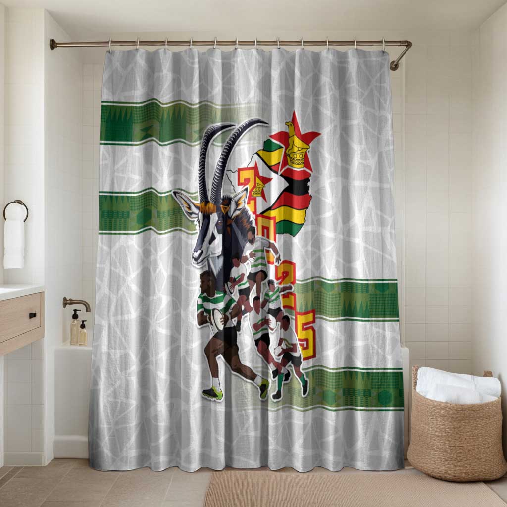 White shower curtain with green stripe border and team graphic for bathroom decor