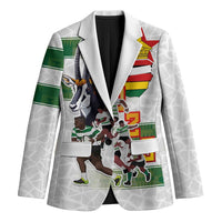White unisex blazer with notch lapels and front rugby player graphic panel