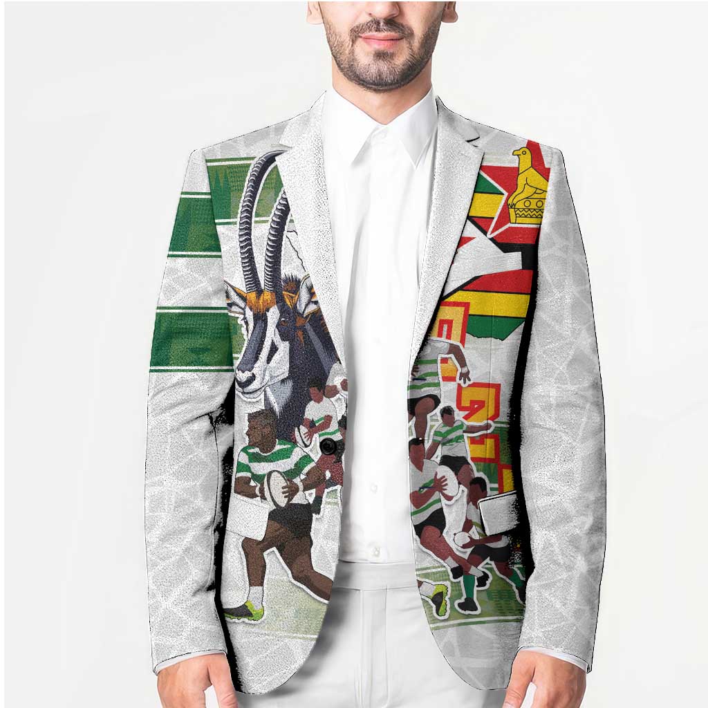 White unisex blazer with rugby player and Zimbabwe flag graphic on front panels
