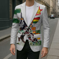 White unisex blazer with colorful rugby graphic and Zimbabwe flag applique on chest