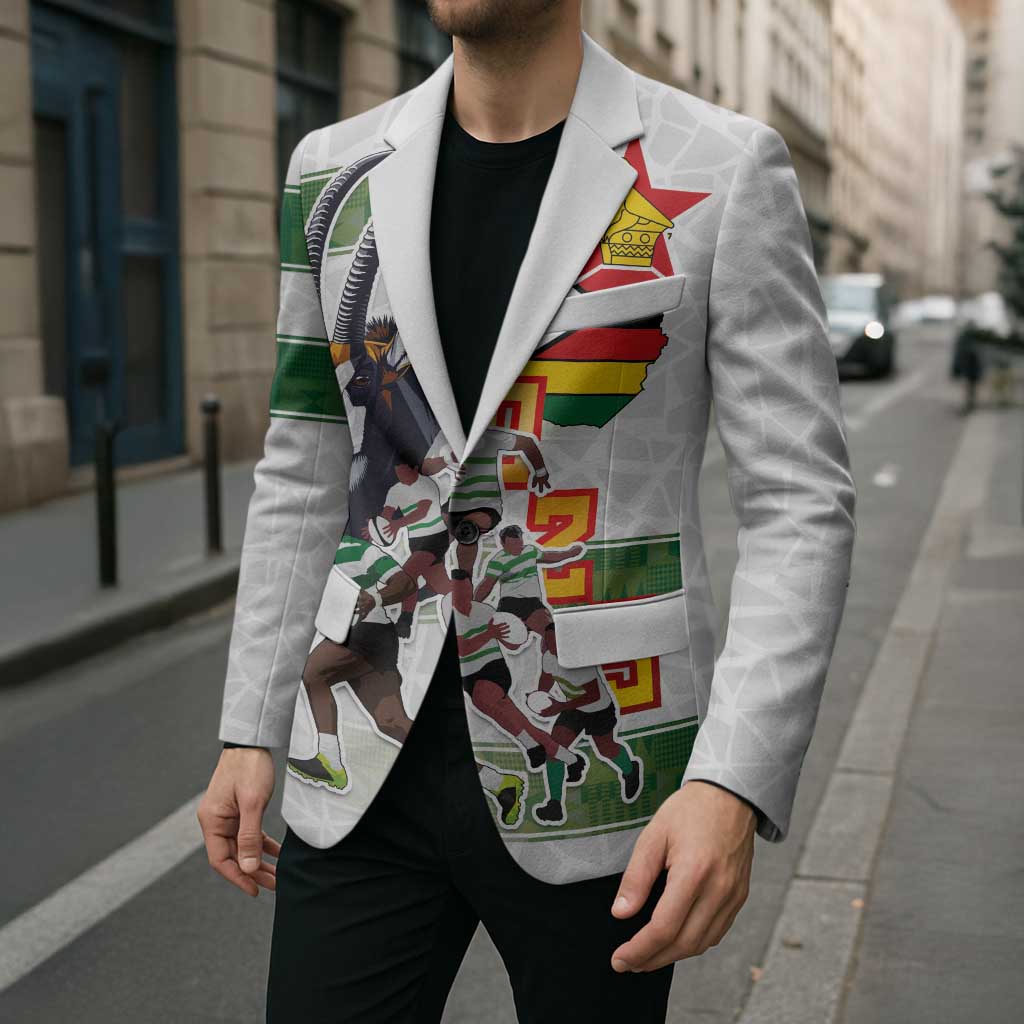 White unisex blazer with front rugby graphic and Zimbabwe flag patch on lapel