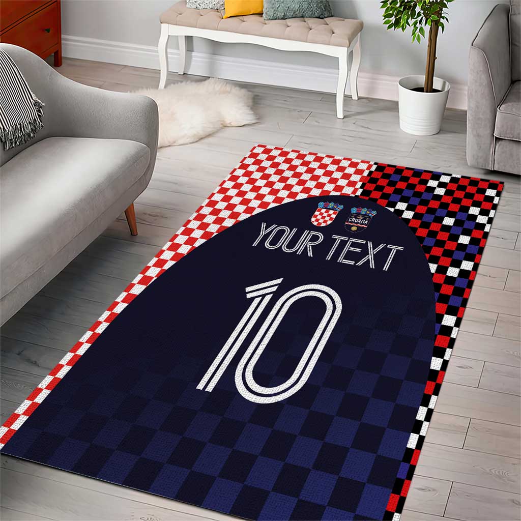 Dark navy area rug with 'YOUR TEXT' and Croatia-themed '0' soccer design in checks