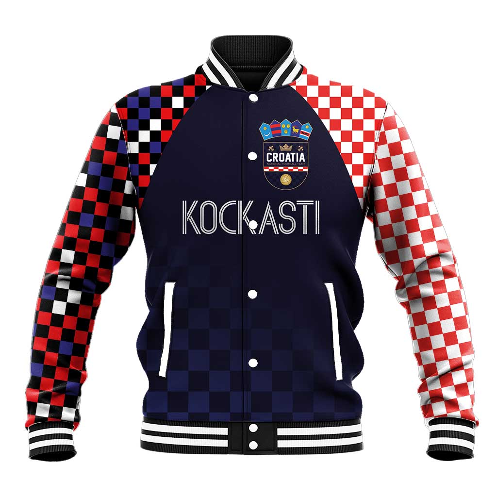 Unisex baseball jacket with dark navy front, checker sleeves, snap button varsity style