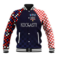 Unisex baseball jacket with dark navy front, checker sleeves, snap button varsity style
