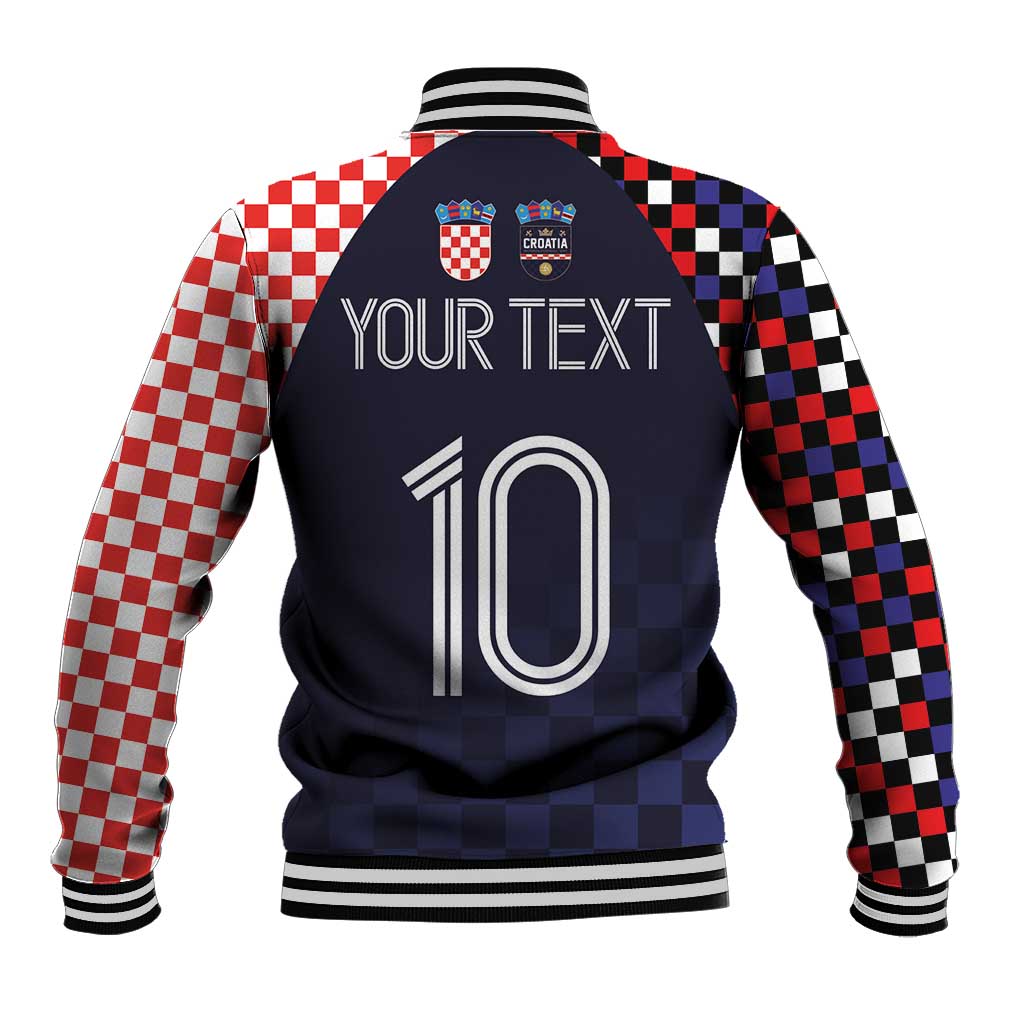 Unisex baseball jacket back view, dark navy with checker sleeves and '10' print
