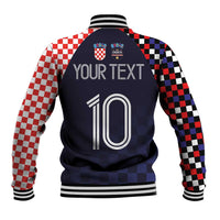 Unisex baseball jacket back view, dark navy with checker sleeves and '10' print