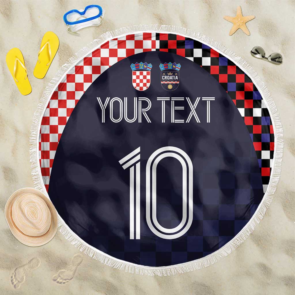 Round beach blanket, dark navy with checkered border, Croatia crest and large '10' design