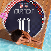Round beach blanket, dark navy checkered pattern with Croatia crests, fringe edge, '10'