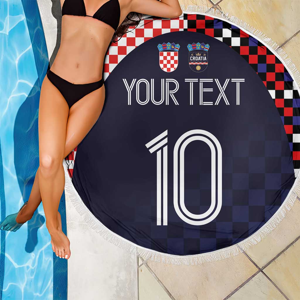 Round beach blanket, dark navy with checkered border, Croatia crests and '10' center graphic