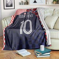 Dark navy football blanket with red checkered border, 'YOUR TEXT' and number 10