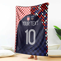 Dark navy football blanket with red-white and black checkered edges, 'YOUR TEXT' and 10