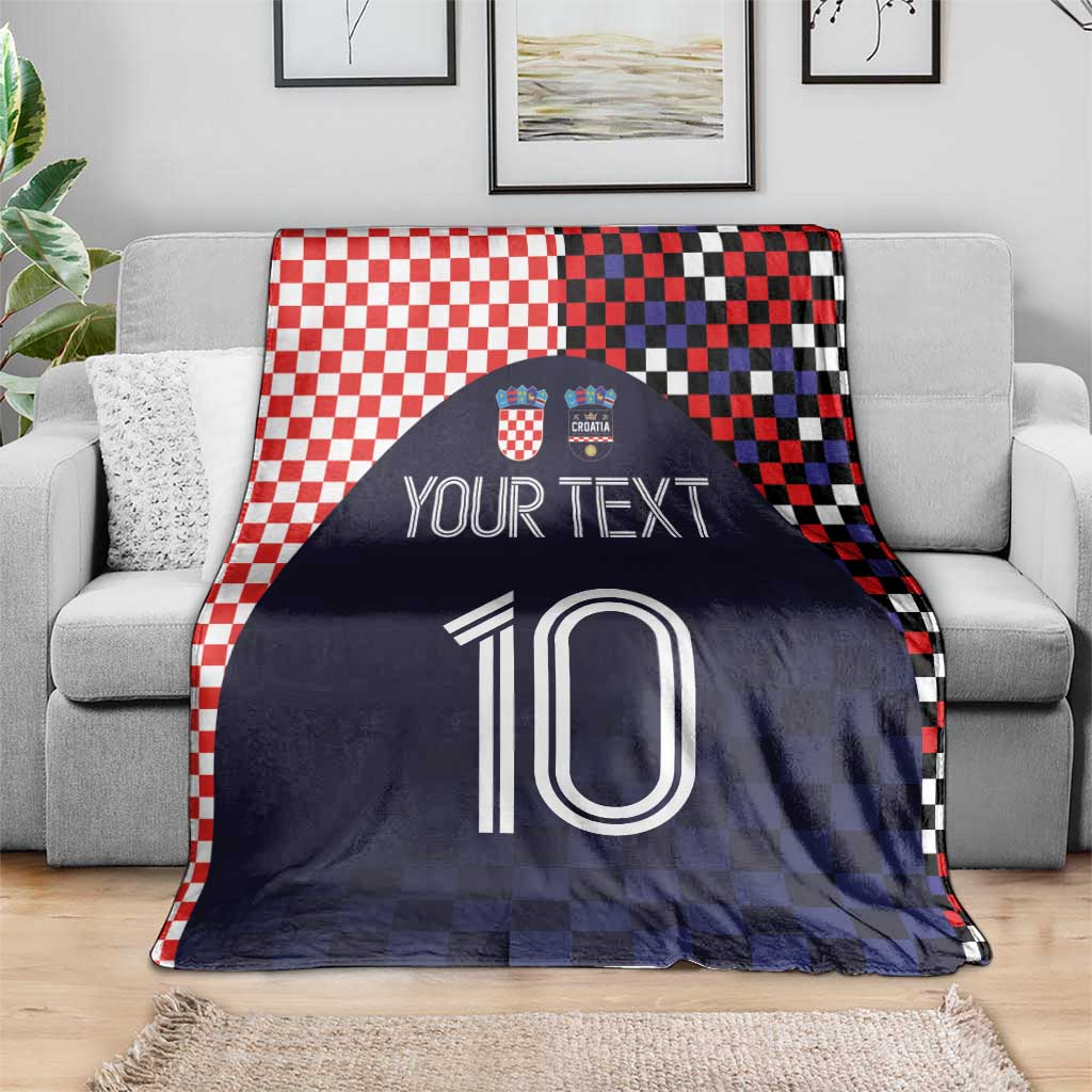 Dark navy football blanket with red-white and black checkered sides, 'YOUR TEXT' and 10