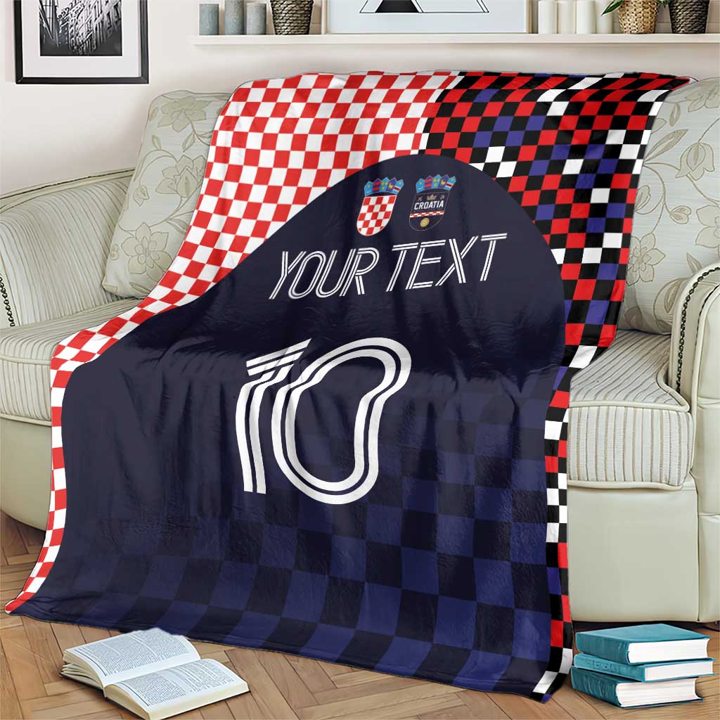 Dark navy football blanket with checkered red-white and black border, 'YOUR TEXT' and 10