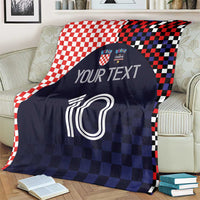 Dark navy football blanket with checkered red-white and black border, 'YOUR TEXT' and 10