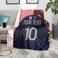 Dark navy football blanket with checkered red-white and black border, 'YOUR TEXT' and 10