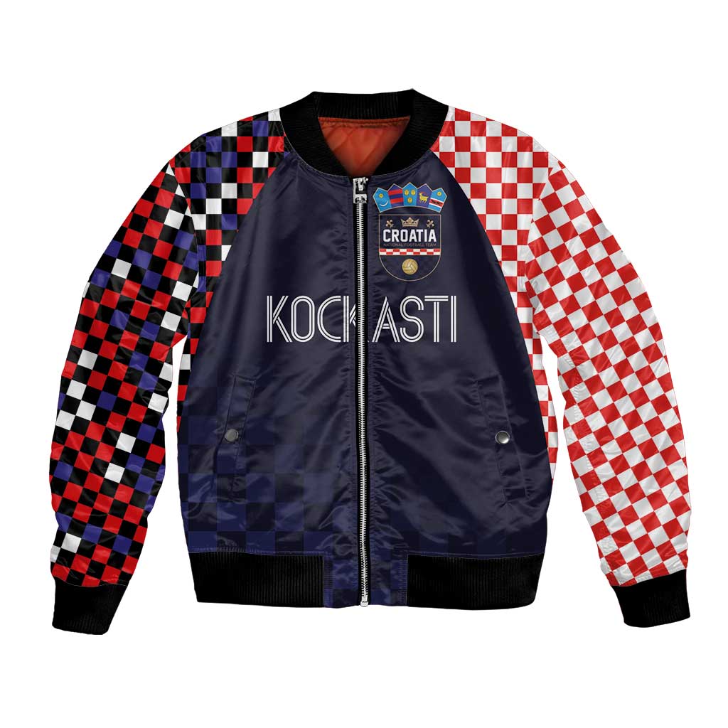 Dark navy bomber jacket with red/black checkered sleeves, front zipper, Croatia badge print