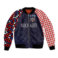 Dark navy bomber jacket with red/black checkered sleeves, front zipper, Croatia badge print