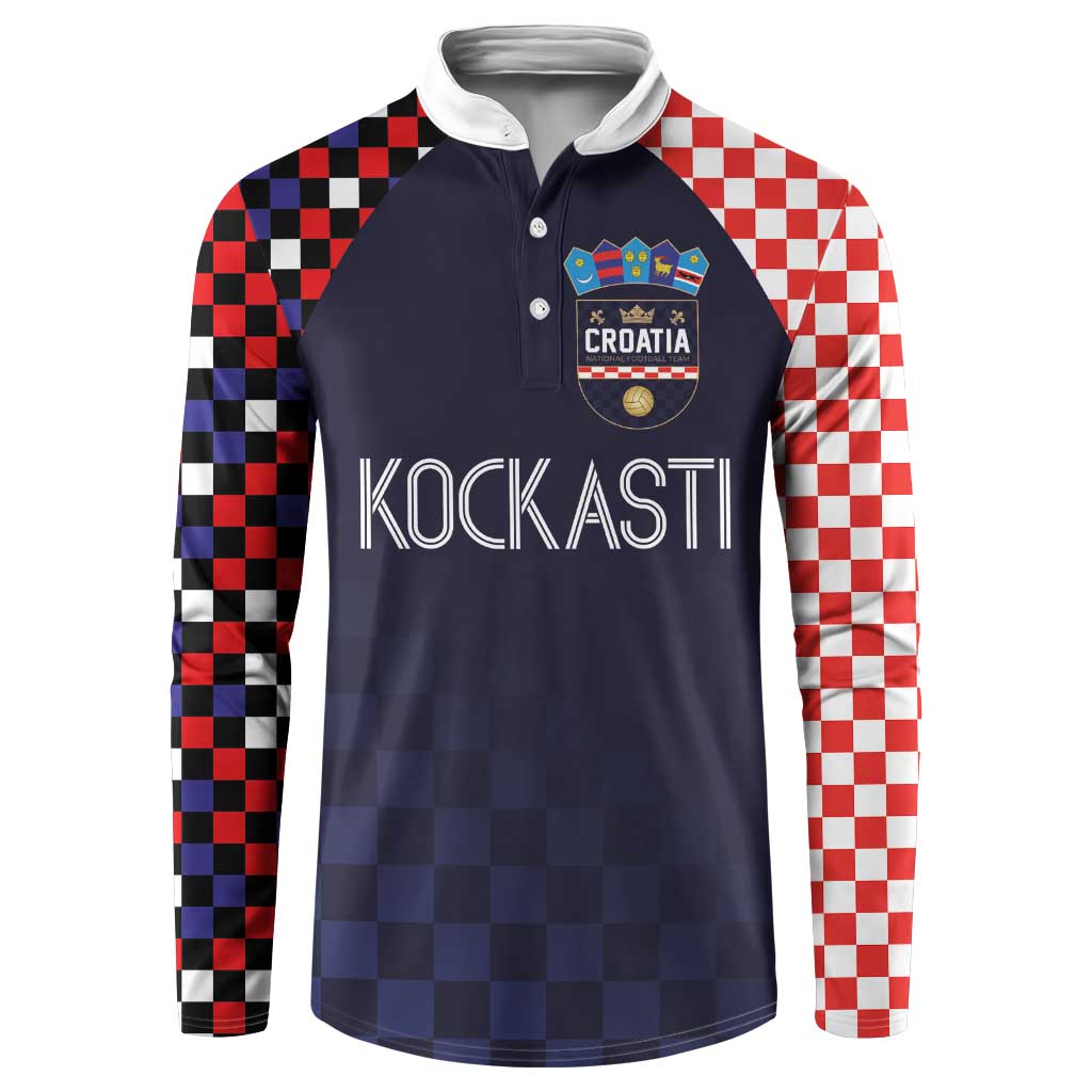 Dark navy Croatia button sweatshirt with checkered sleeves, collar buttons, front crest