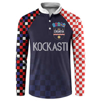 Dark navy Croatia button sweatshirt with checkered sleeves, collar buttons, front crest