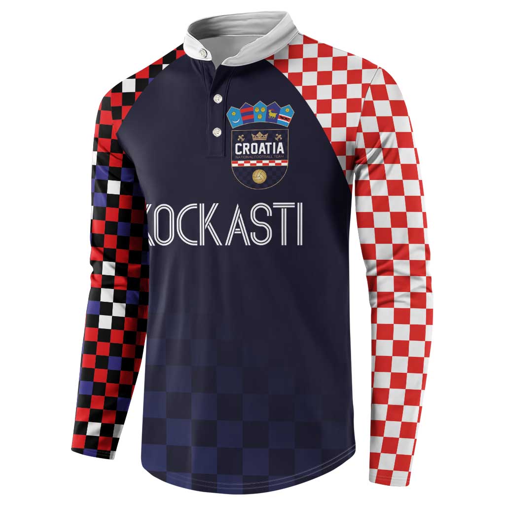 Dark navy Croatia button sweatshirt with checkered sleeves and front crest graphic