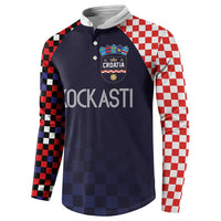 Dark navy Croatia button sweatshirt with checkered sleeves and front crest graphic