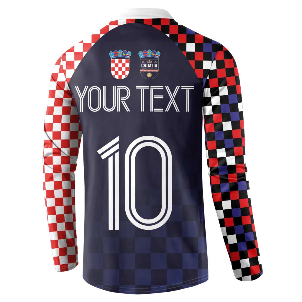 Dark navy back view Croatia button sweatshirt with checkered sleeves and large "10"