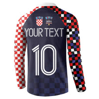 Dark navy back view Croatia button sweatshirt with checkered sleeves and large "10"