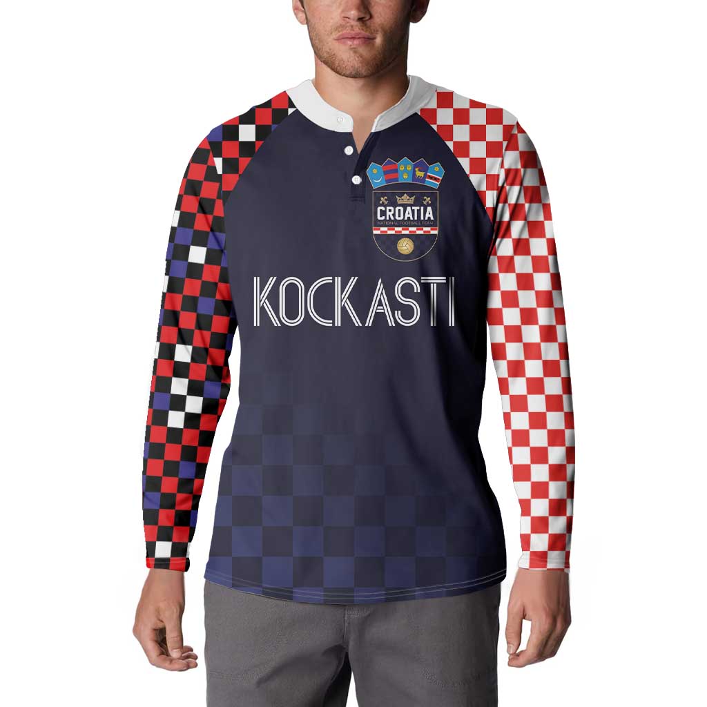 Dark navy Croatia button sweatshirt with checkered sleeves, front crest and text