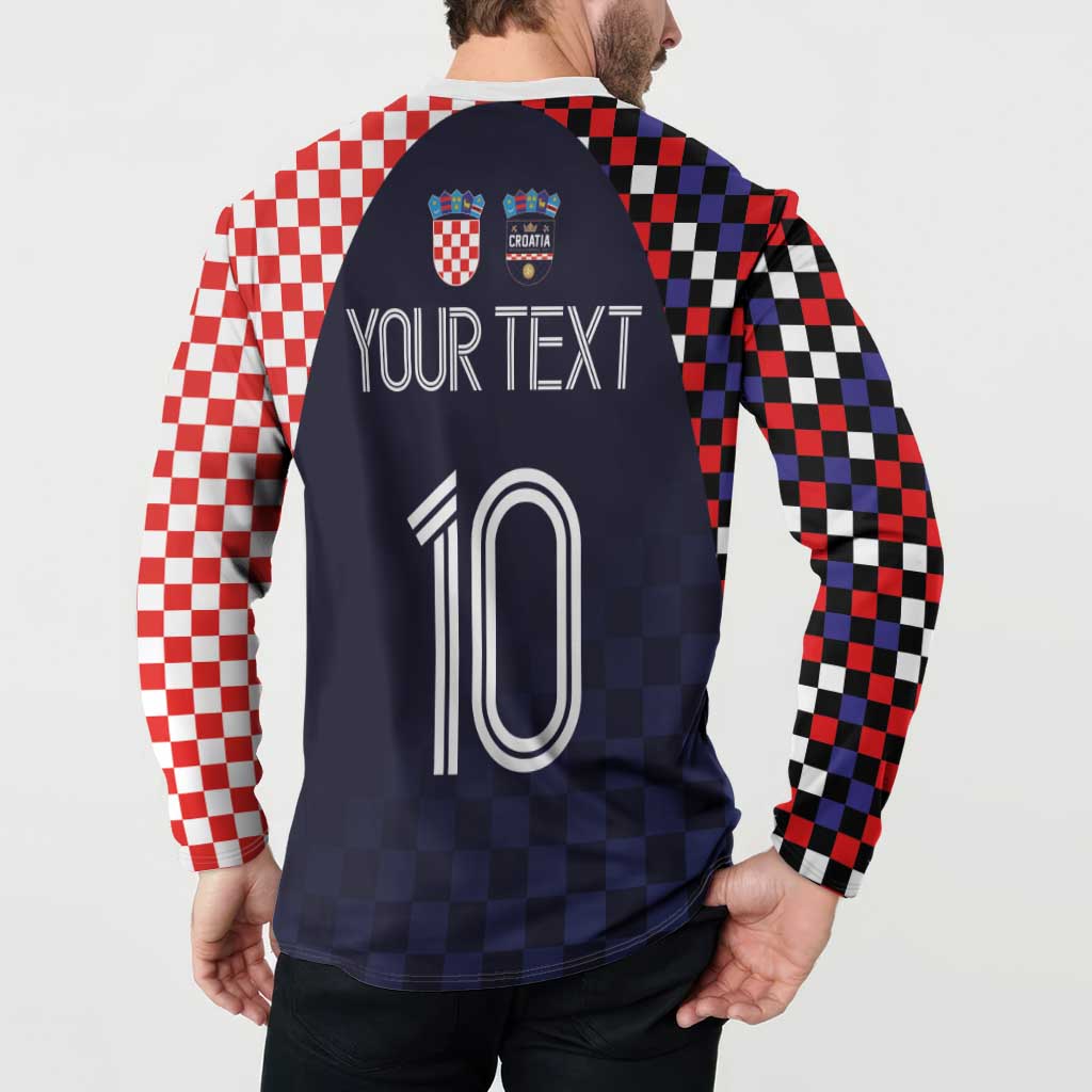 Dark navy Croatia button sweatshirt back view with checkered sleeves and "YOUR TEXT"