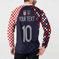 Dark navy Croatia button sweatshirt back view with checkered sleeves and "YOUR TEXT"