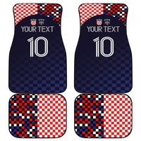 Custom car floor mats set of 4: dark navy checker with red-white checkered borders, “YOUR TEXT” “10”