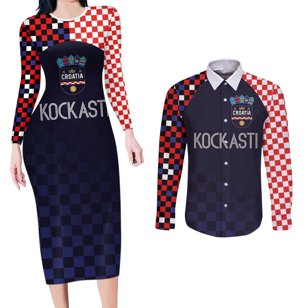 Custom Croatia Football Go Checkered Ones Couples Matching Long Sleeve Bodycon Dress and Long Sleeve Button Shirt