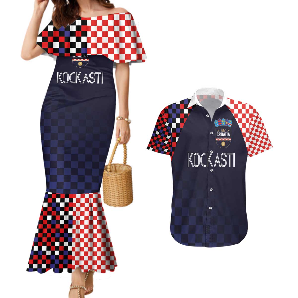 Custom Croatia Football Go Checkered Ones Couples Matching Mermaid Dress and Hawaiian Shirt