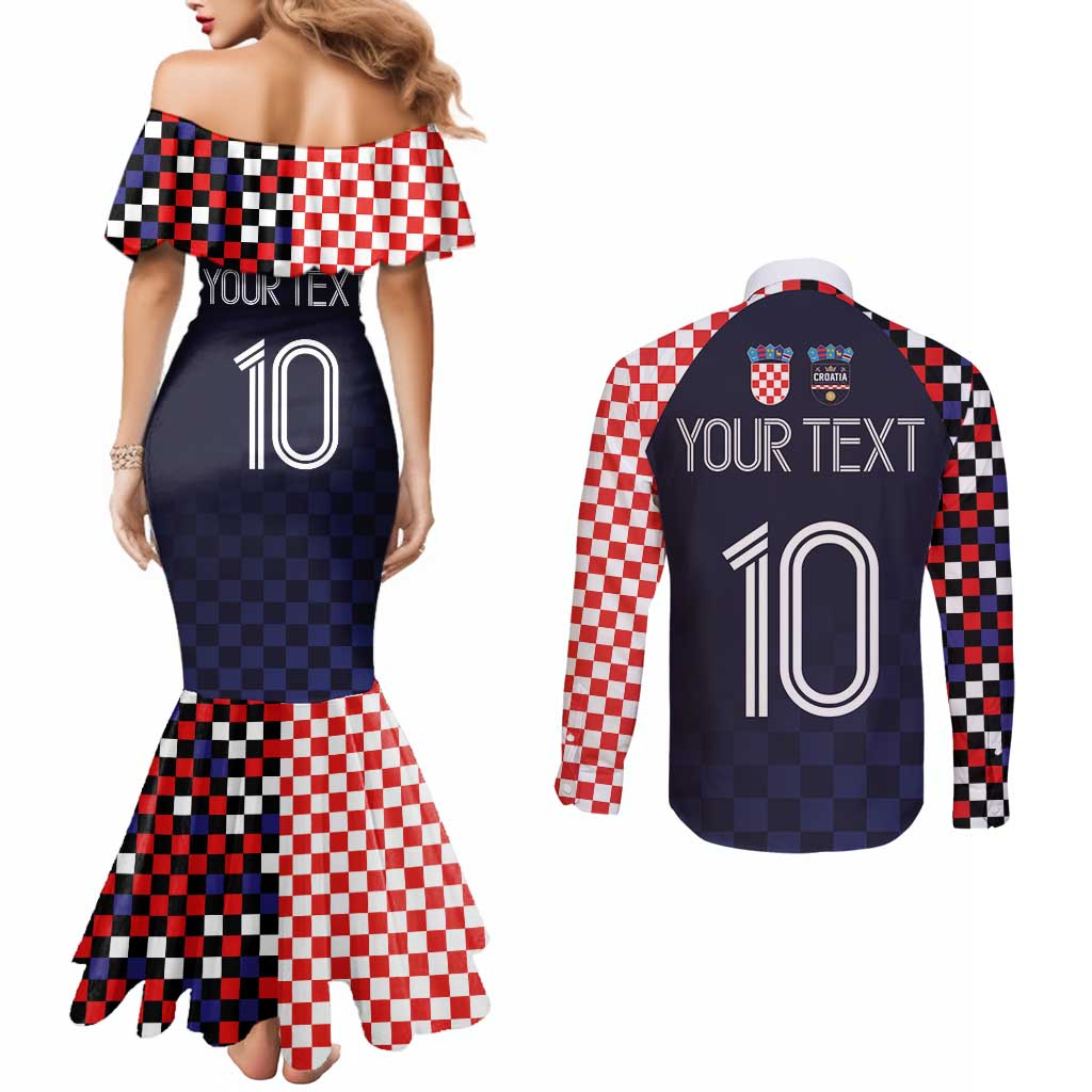 Custom Croatia Football Go Checkered Ones Couples Matching Mermaid Dress and Long Sleeve Button Shirt