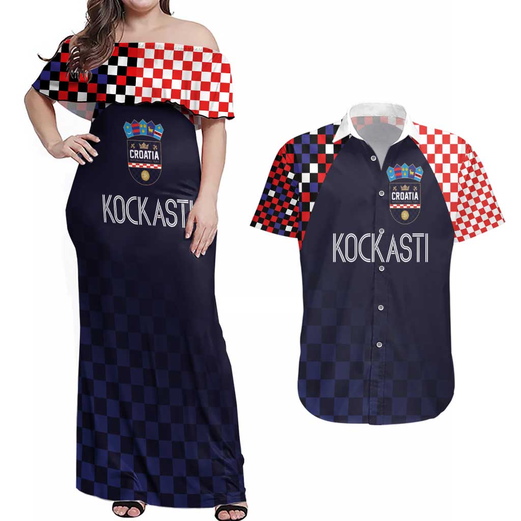 Custom Croatia Football Go Checkered Ones Couples Matching Off Shoulder Maxi Dress and Hawaiian Shirt