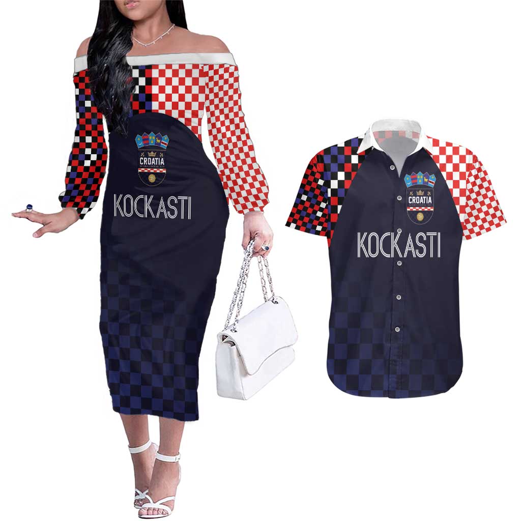 Custom Croatia Football Go Checkered Ones Couples Matching Off The Shoulder Long Sleeve Dress and Hawaiian Shirt