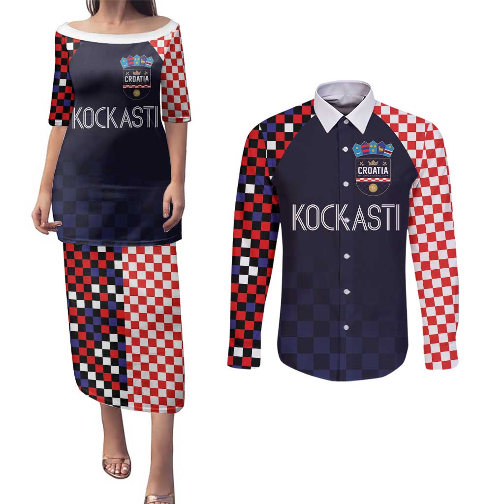 Custom Croatia Football Go Checkered Ones Couples Matching Puletasi and Long Sleeve Button Shirt