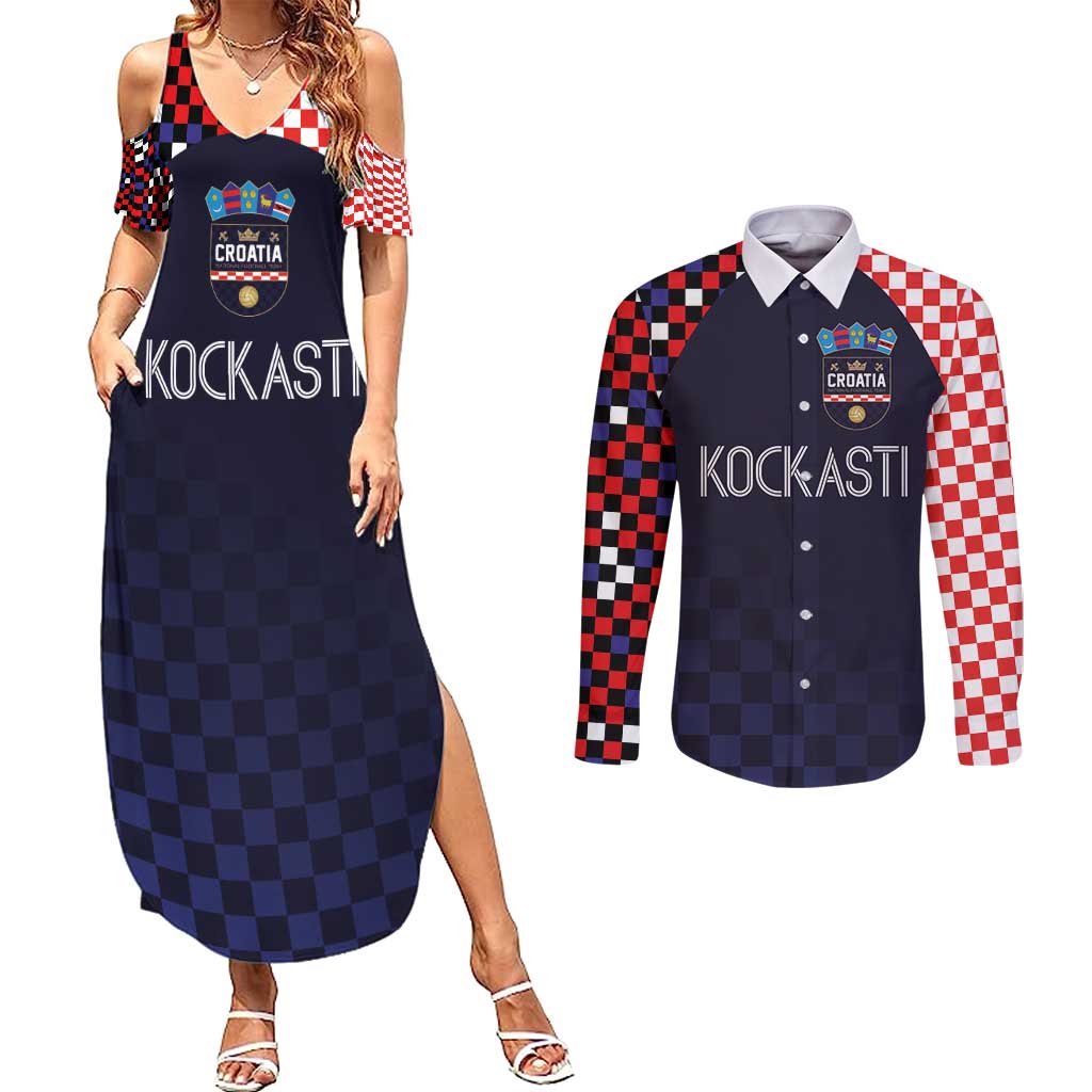 Custom Croatia Football Go Checkered Ones Couples Matching Summer Maxi Dress and Long Sleeve Button Shirt