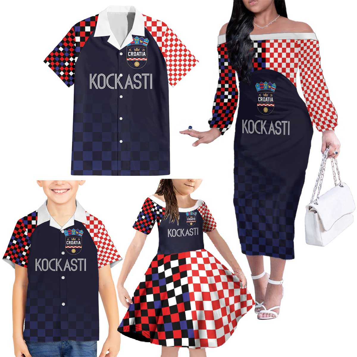 Custom Croatia Football Go Checkered Ones Family Matching Off The Shoulder Long Sleeve Dress and Hawaiian Shirt