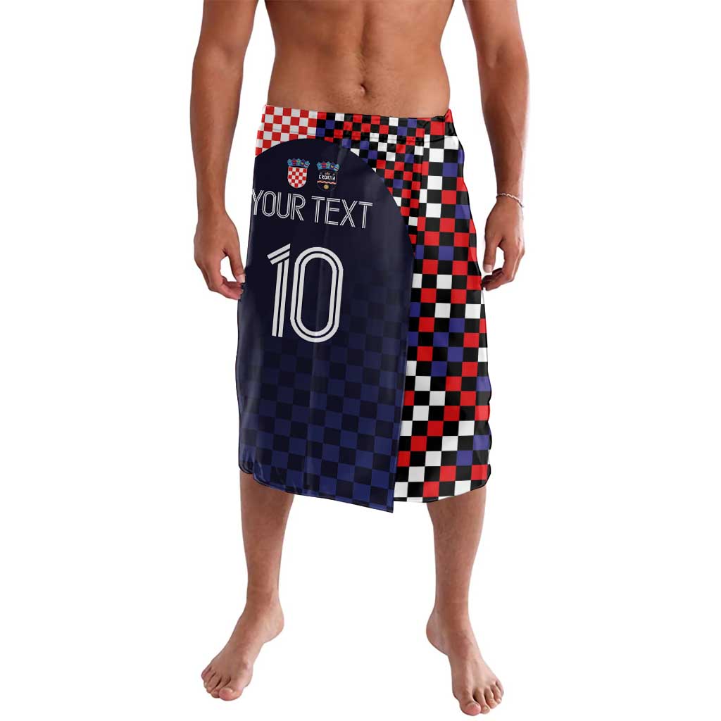 Dark navy lavalava with red white black checkered panel and number 10 graphic print