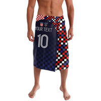 Dark navy lavalava with red white black checkered panel and number 10 graphic print