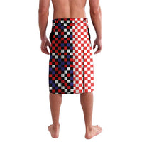 Red white black checkered lavalava with dark navy side panel and number 10 graphic