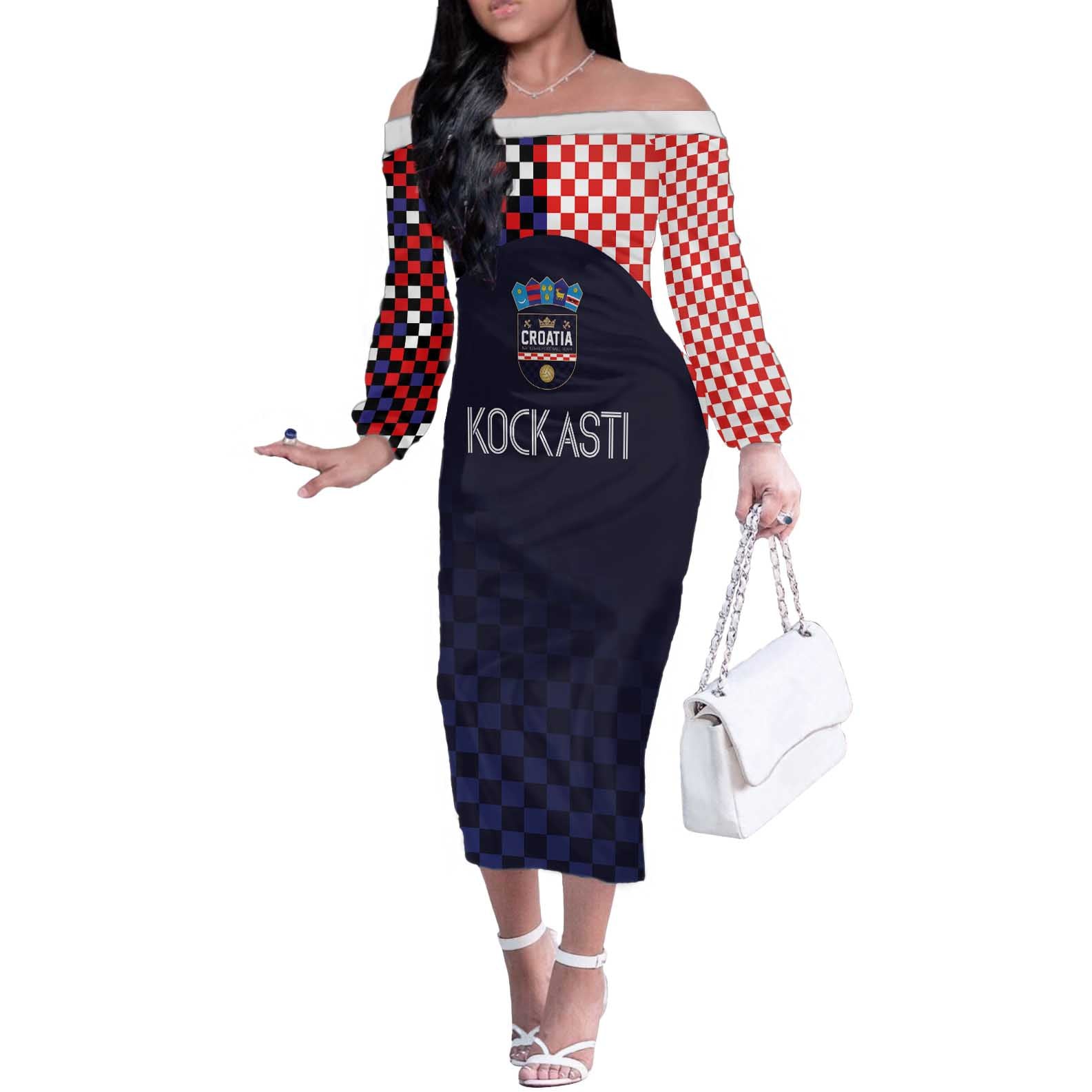 Custom Croatia Football Go Checkered Ones Off The Shoulder Long Sleeve Dress