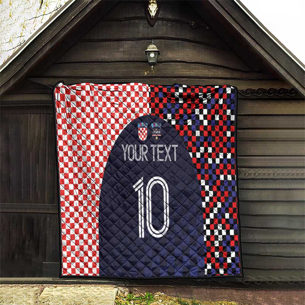 Hanging quilt with red-and-white checker left and dark navy checker right, large number 10