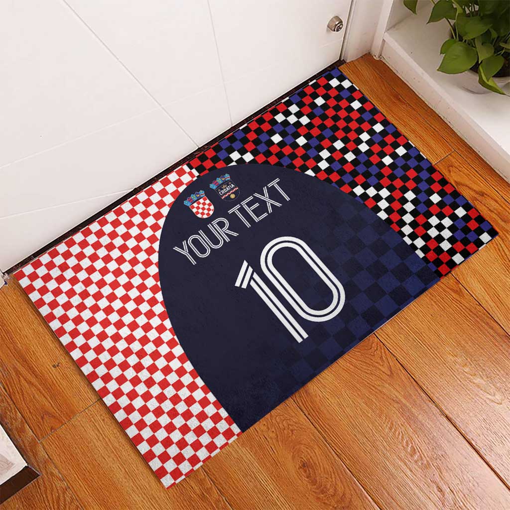 Checkered rubber doormat with navy, red, black, and white border; shows your text and 10