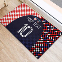 Navy rubber doormat with red checkered corner panels and your text over large 10