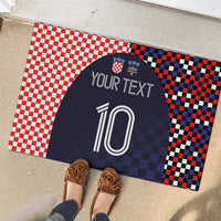 Folded-looking rubber doormat with red checkered left, navy checker right, your text and 10