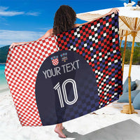 Custom sarong towel with red/white and navy checkered pattern, personalized text and number 10