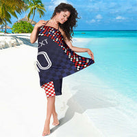 Custom sarong with navy and red/white checkered print, personalized text and large number 10